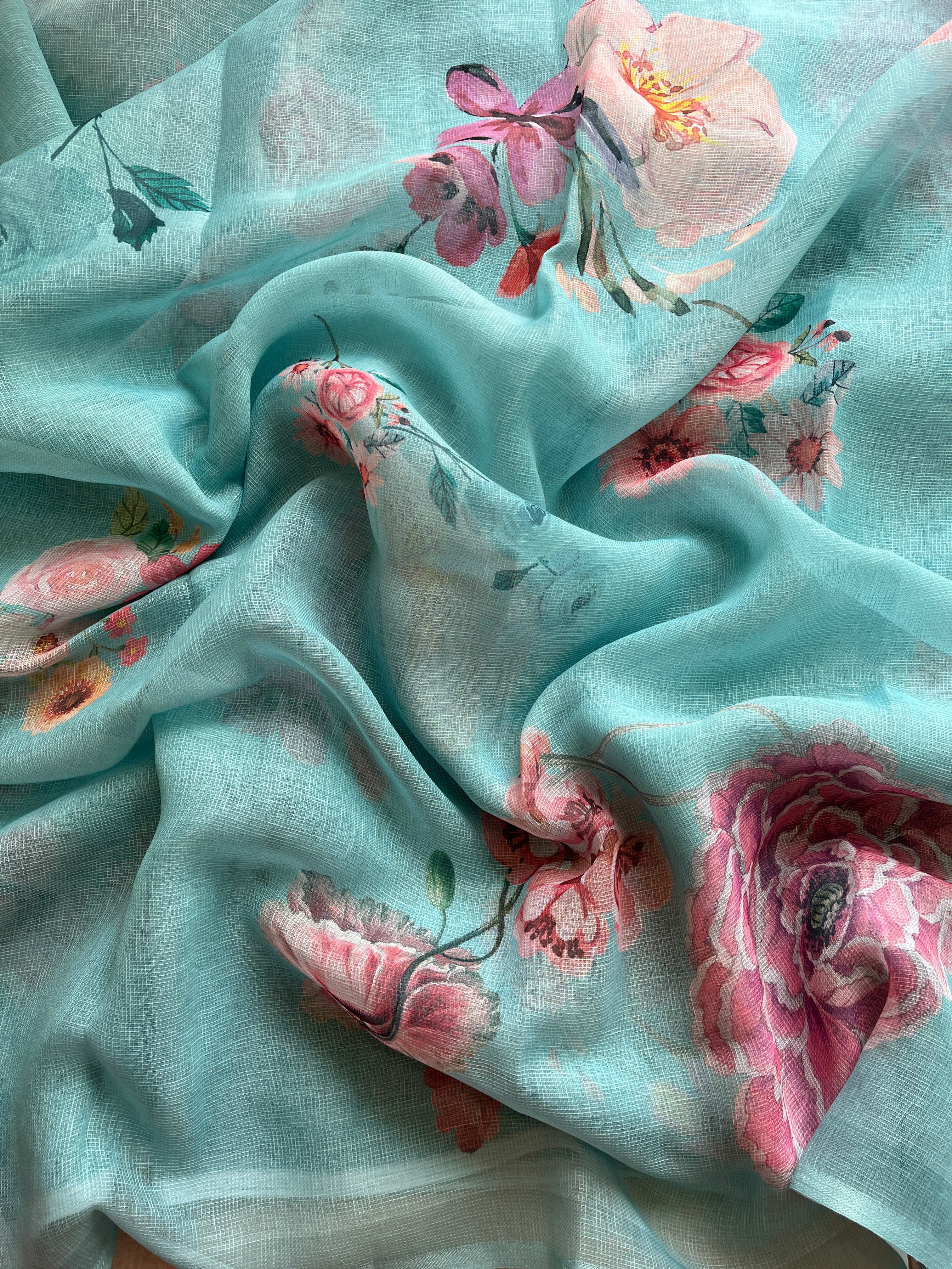 Blue Floral linen Silk Saree